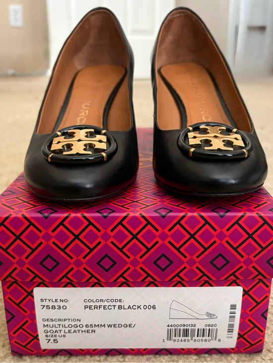 Tory Burch Shoes - Tory Burch Black Leather Logo Medallion Wedges